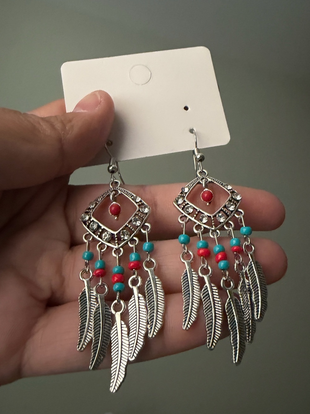 Silver Feather Dangle Earrings with Turquoise & Coral Beads